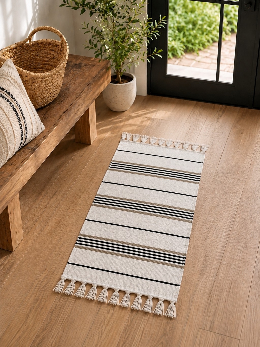 Woven Accent Mat Throw Rug Natural Beige Black Gold Striped Tassels Boho Decor